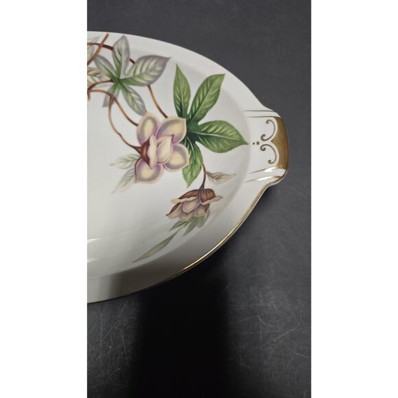 Meito China Woodrose Oval Serving Bowl White Japan Floral Gold Trim Handled - Picture 3 of 8